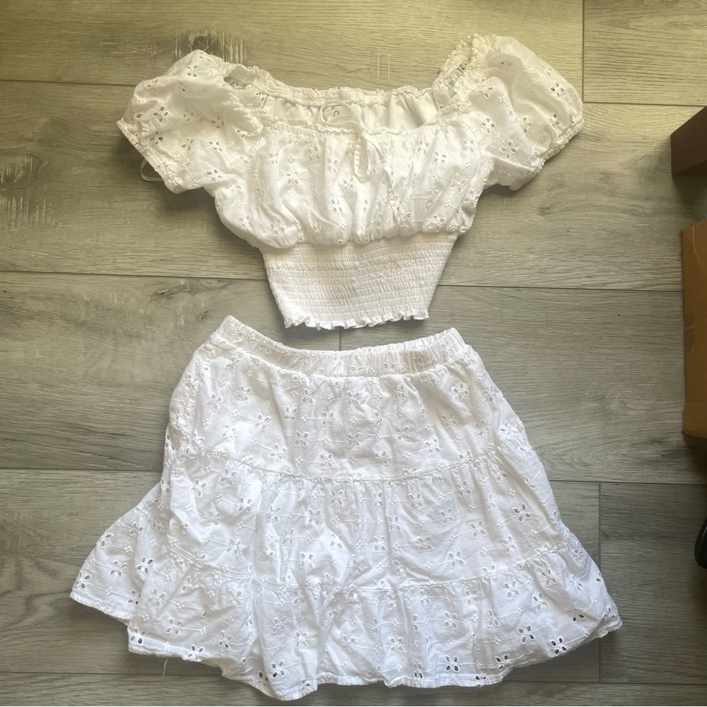 White Eyelet Skirt Set Off the Shoulder Top Floral